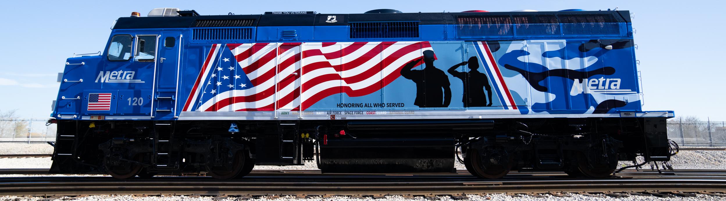 Metra's specially painted veterans locomotive
