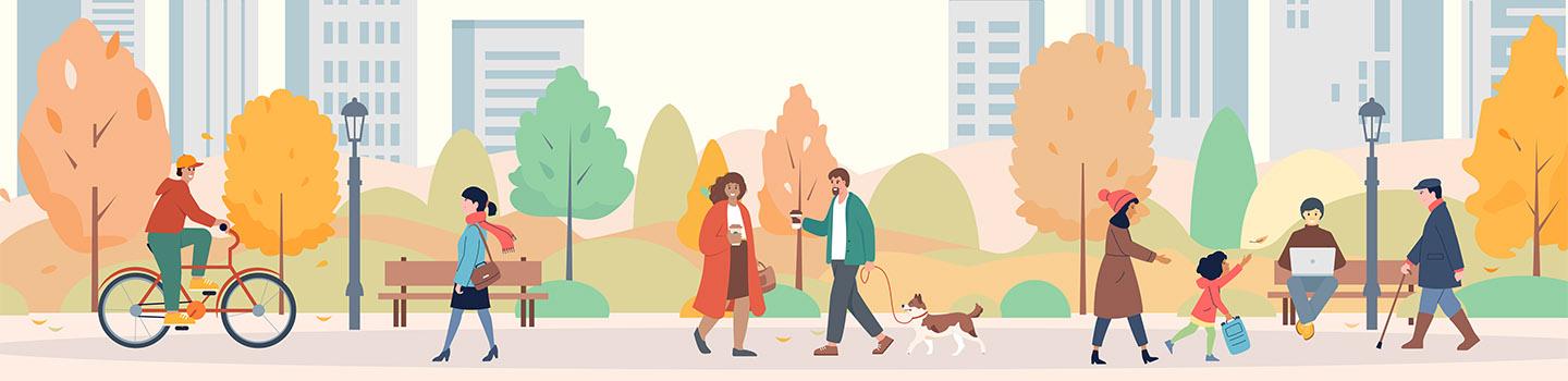 Illustrated graphic of people walking down a city street during autumn. 